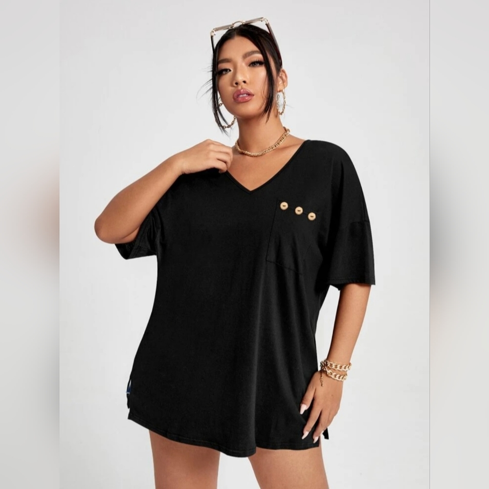SHEIN EZwear Plus Button Detail Drop Shoulder Tee